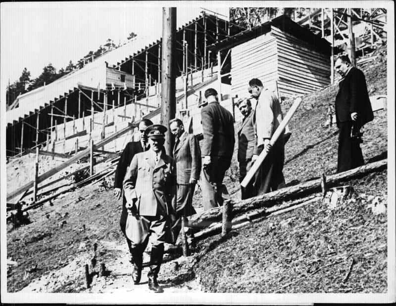 Adolf Hitler in Hirschbachtal near Nuremberg visits the progress of the construction work on the Party Rally Grounds